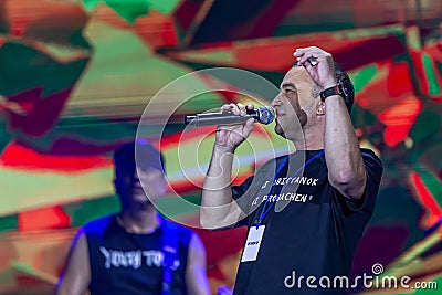 ODESSA, UKRAINE-25 August 2020: Concert of soloist on stage. Famous singer Viktor Pavlik Ukraine during solo concert. Singer on Editorial Stock Photo