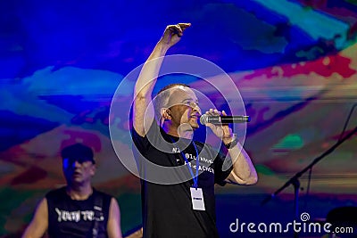 ODESSA, UKRAINE-25 August 2020: Concert of soloist on stage. Famous singer Viktor Pavlik Ukraine during solo concert. Singer on Editorial Stock Photo