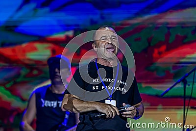 ODESSA, UKRAINE-25 August 2020: Concert of soloist on stage. Famous singer Viktor Pavlik Ukraine during solo concert. Singer on Editorial Stock Photo