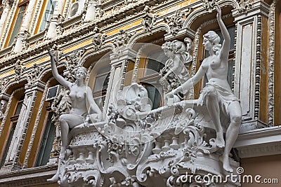 Odessa, Ukraine: balcony sculptures, passage Editorial Stock Photo