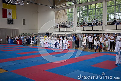 ODESSA, UKRAINE - JUNE 3, 22023: Participants in karate competition among children. Many children participate in martial arts Editorial Stock Photo