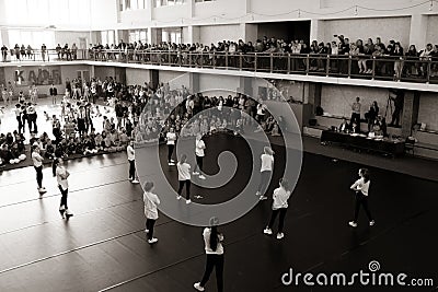 ODESSA, UKRAINE -MAR 5, 2023: Children's cheerleading championship. Young cheerleaders spectators and their parents Editorial Stock Photo