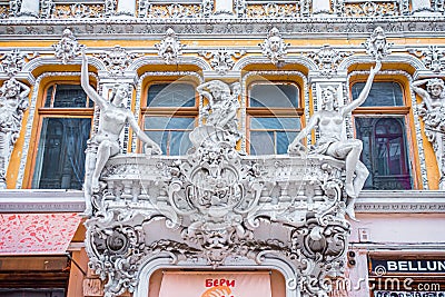 Odessa, UKRAINE - MART 1, 2021. Passage. Architectural building of Odessa. Balcony in the baroque Editorial Stock Photo