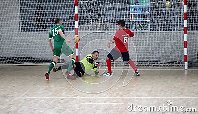 Odessa, Ukraine- May 29, 2020: Cup playoff match match in futsal among veterans 50+. Futsal on large stage of sports hall, Editorial Stock Photo