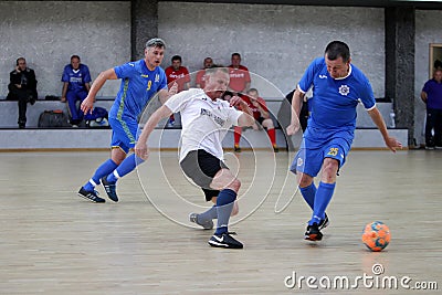 Odessa, Ukraine- May 29, 2020: Cup playoff match match in futsal among veterans 50+. Futsal on large stage of sports hall, Editorial Stock Photo