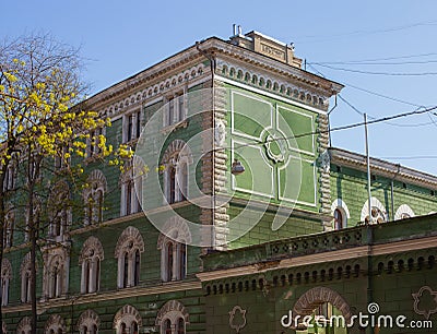 Odessa, Ukraine - 04 22 21: Mechnikov ONU Odessa National University old green classic building facade in bright sunny Editorial Stock Photo