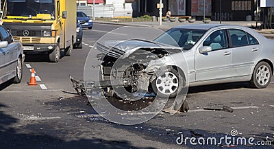 ODESSA, UKRAINE - October 16, 2019: Car accident, head-on collision. A tow truck loads a wrecked car after an accident. Traffic Editorial Stock Photo