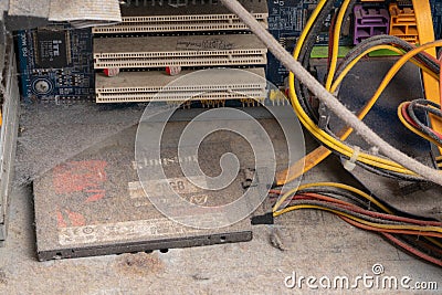 2019.07.17. Odessa. Ukraine. The system unit of a personal computer in dust and cobwebs. Teen boy 10 years old vacuuming computer Editorial Stock Photo