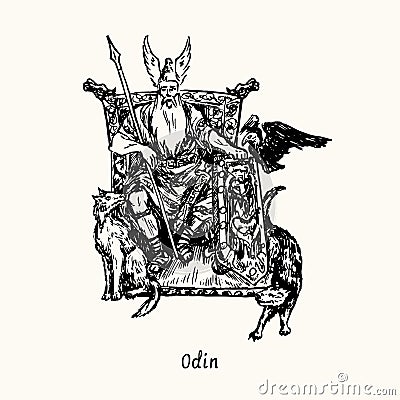 Odin sitting in throne, dogs and crow. Ink black and white doodle drawing Vector Illustration