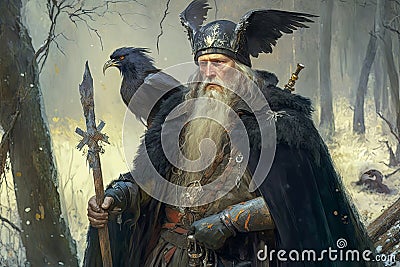 Odin Skandinavian god with his ravens Huginn, Muninn. Concept illustration. Sumarsdag holiday March 20th greeting card Cartoon Illustration