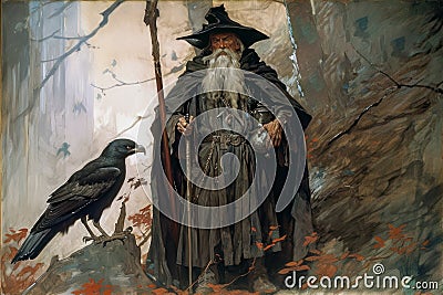 Odin Skandinavian god with his ravens Huginn, Muninn. Concept illustration. Sumarsdag holiday March 20th greeting card Cartoon Illustration