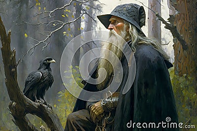 Odin Skandinavian god with his ravens Huginn, Muninn. Concept illustration. Sumarsdag holiday March 20th greeting card Cartoon Illustration