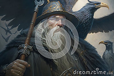 Odin Skandinavian god with his ravens Huginn, Muninn. Concept illustration. Sumarsdag holiday March 20th greeting card Cartoon Illustration