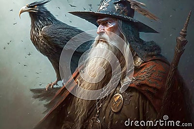 Odin Skandinavian god with his ravens Huginn, Muninn. Concept illustration. Sumarsdag holiday March 20th greeting card Cartoon Illustration