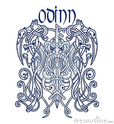 Emblem viking god scary odin Cartoon Illustration