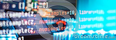 Notebook coding background business data analytics programming online, digital world technology Stock Photo