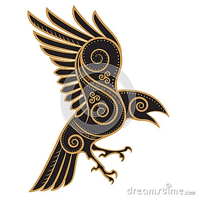 Odins Raven hand-drawn in Celtic style Vector Illustration