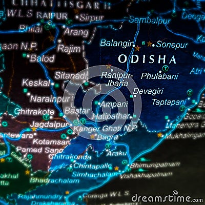 odisha city name displayed on geographic map in India Stock Photo