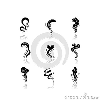 Odor drop shadow black glyph icons set. Good and bad smell. Heart shape nice odour, fluid, perfume scent. Aromatic Vector Illustration