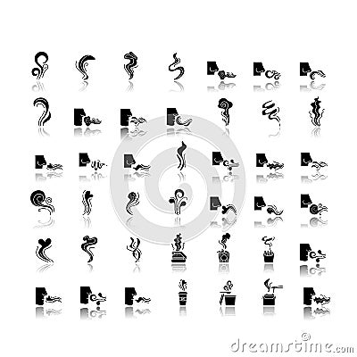 Odor drop shadow black glyph icons set. Hot food steam. Human nose smelling scent. Evaporation flow shape. Aromatic Vector Illustration