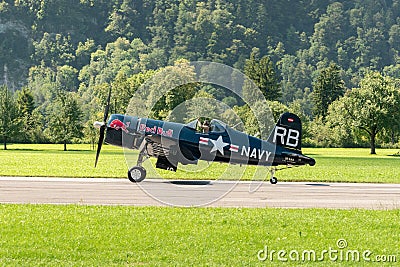 OE-EAS Chance Vought F4U-4 Corsair airplane in Mollis in Switzerland Editorial Stock Photo