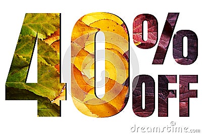 40% off discount promotion sale poster, ads. Autumn sale banner with green, yellow and red leaves on white background. Stock Photo