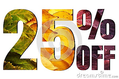 25% off discount promotion sale poster, ads. Autumn sale banner with green, yellow and red leaves on white background. Stock Photo