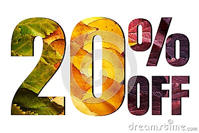 20% off discount promotion sale poster, ads. Autumn sale banner with green, yellow and red leaves on white background. Stock Photo