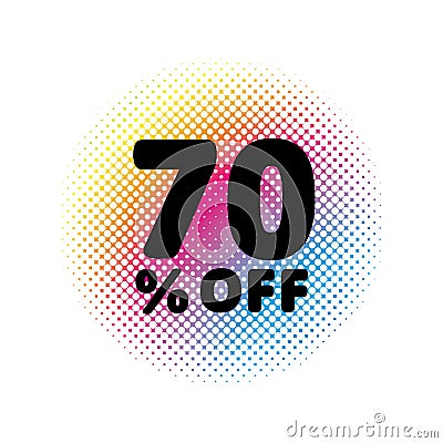 70% OFF discount. Sale Vector Symbol. Abstract Vector Illustration. Rainbow Halftone Circle Made of Dots. Vector Illustration