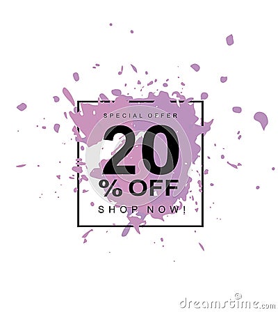 20% OFF. Discount Vector Symbol. Violet Abstract Spash in a Black Square Frame. Vector Illustration