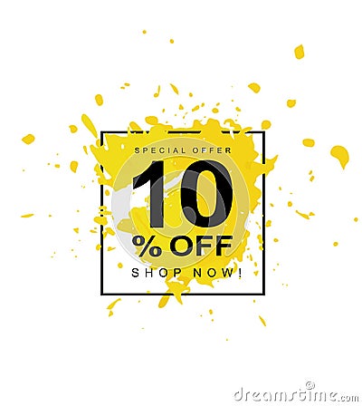 10% OFF. Discount Vector Symbol. Yellow Abstract Spash in a Black Square Frame. Vector Illustration