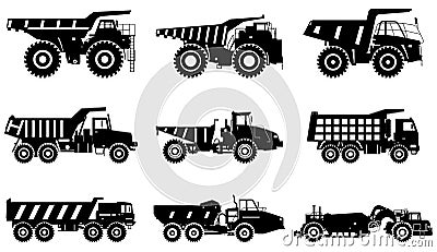 Off-highway trucks. Set of different silhouettes heavy mining machine and construction equipment in flat style on white background Cartoon Illustration