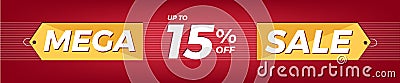 15 off. Horizontal red banner. Advertising for Mega Sale. Up to fifteen percent discount for promotions. Vector Illustration