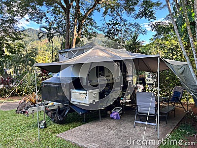 Off road Australian caravan parking in outdoor campsite Editorial Stock Photo