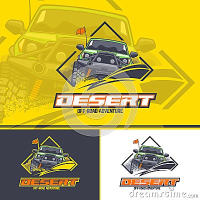 Off-road car logo in three versions on a yellow, dark and white background Vector Illustration