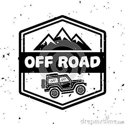 Off-road extreme club vector monochrome vintage emblem with car and mountains isolated on white background Vector Illustration