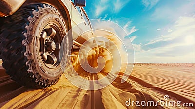 Off road safari SUV blurs wheels as adventure beckons in desert under blue sky, Ai Generated Stock Photo