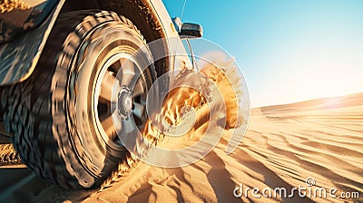 Off road safari SUV blurs wheels as adventure beckons in desert under blue sky, Ai Generated Stock Photo