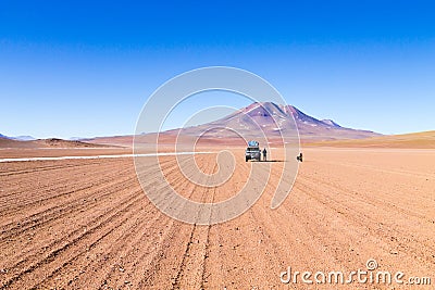 Off road vehicle on Bolivian andean plateau Editorial Stock Photo