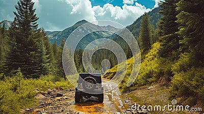 Off-road vehicle driving through a mountain stream Stock Photo