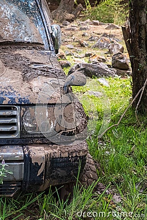 Off-road vehicle stuck in the mud. Dirty offroad car in swamp. Adventure travel concept. 4x4 SUV got bogged. Journey, tourism Stock Photo