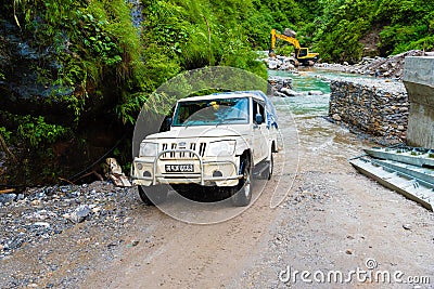 Off road vehicles with tourists in Annapurna Conservation Area, Nepal Editorial Stock Photo