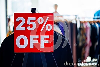 25% off Sale tag on the clother for off season sale Stock Photo