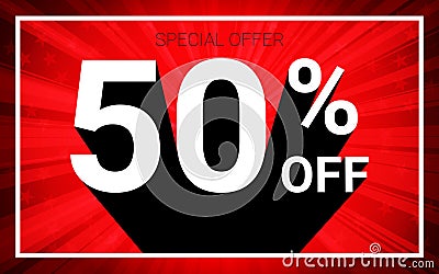 50% OFF Sale. White color 3D text and black shadow on red burst background design. Vector Illustration