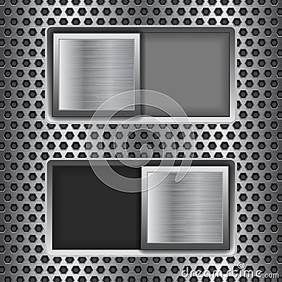 On and Off square slider buttons. Metal switch interface buttons on perforated background Vector Illustration