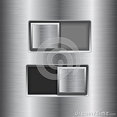On and Off square slider buttons. Metal switch interface buttons on stainless steel background Vector Illustration
