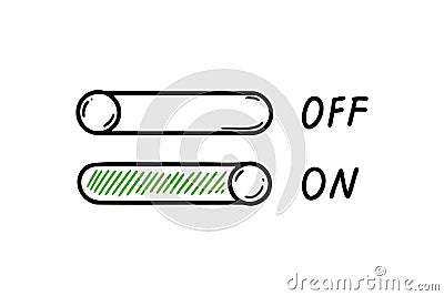 On Off switch doodle button. Active inactive hand drawn slider icon. Ui, app design element. Sketch vector illustration Vector Illustration