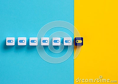 On and off switches with one switch off. Stopping or ending a process. Disabling permission settings. System failure Stock Photo