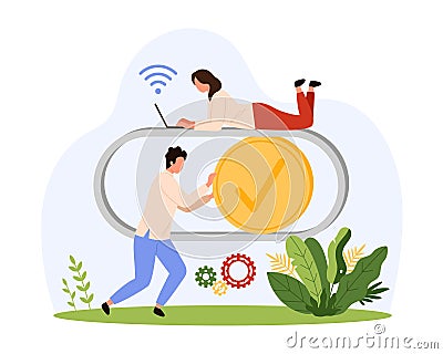 On Off toggle switch interface button of mobile app, tiny people move slider with tick Vector Illustration