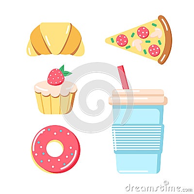 Ð¡offee to go in large mug and collection of different pastries - croissant, muffin, donut and pizza Vector Illustration